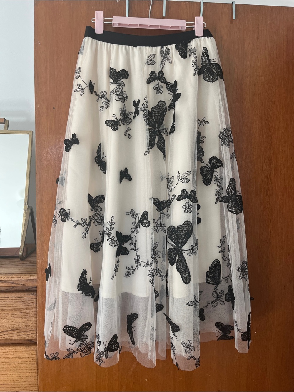 Chicwish Cream Tulle Midi Skirt with Black Butterfly Appliqué